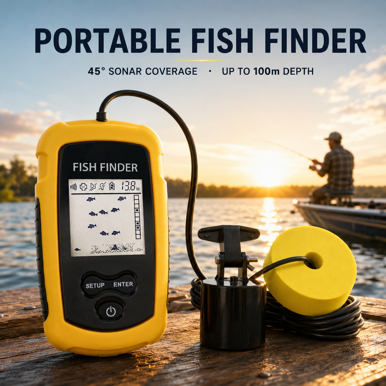 Portable Sonar Fish Finder with Fish Alarm – 100m Depth Echo Sounder for Lake, Sea & Boat Fishing