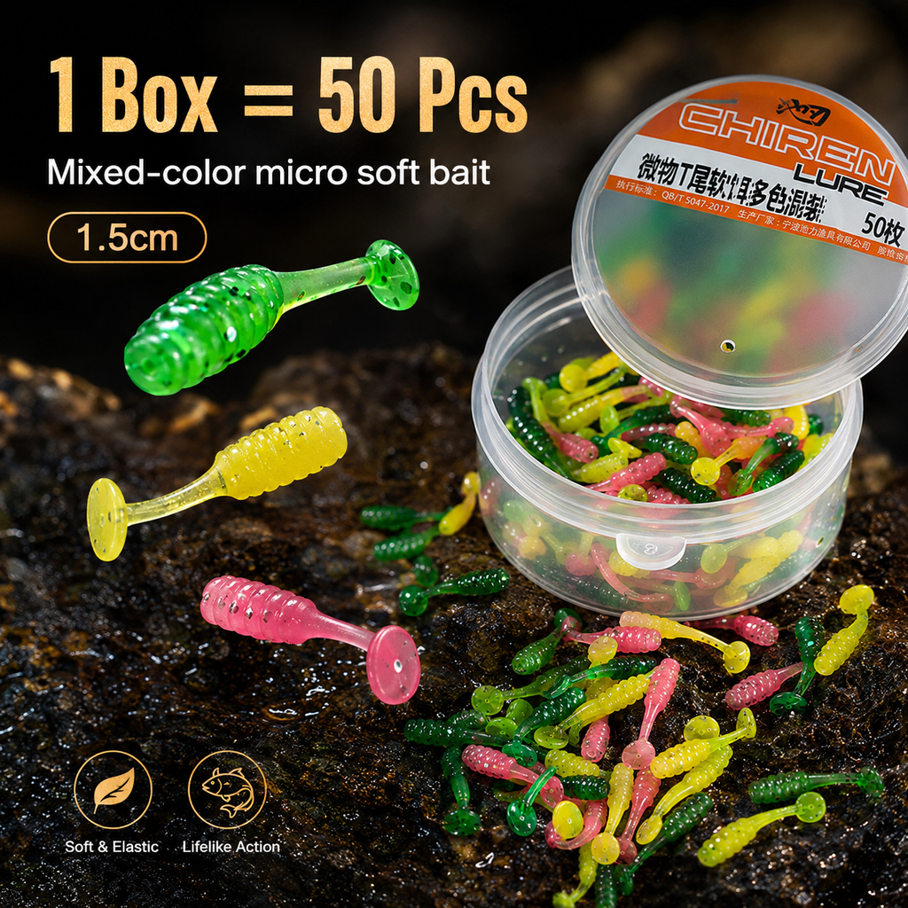 50PCS Micro T-Tail Soft Fishing Lures – 1.5cm Mixed Colour Bait Set