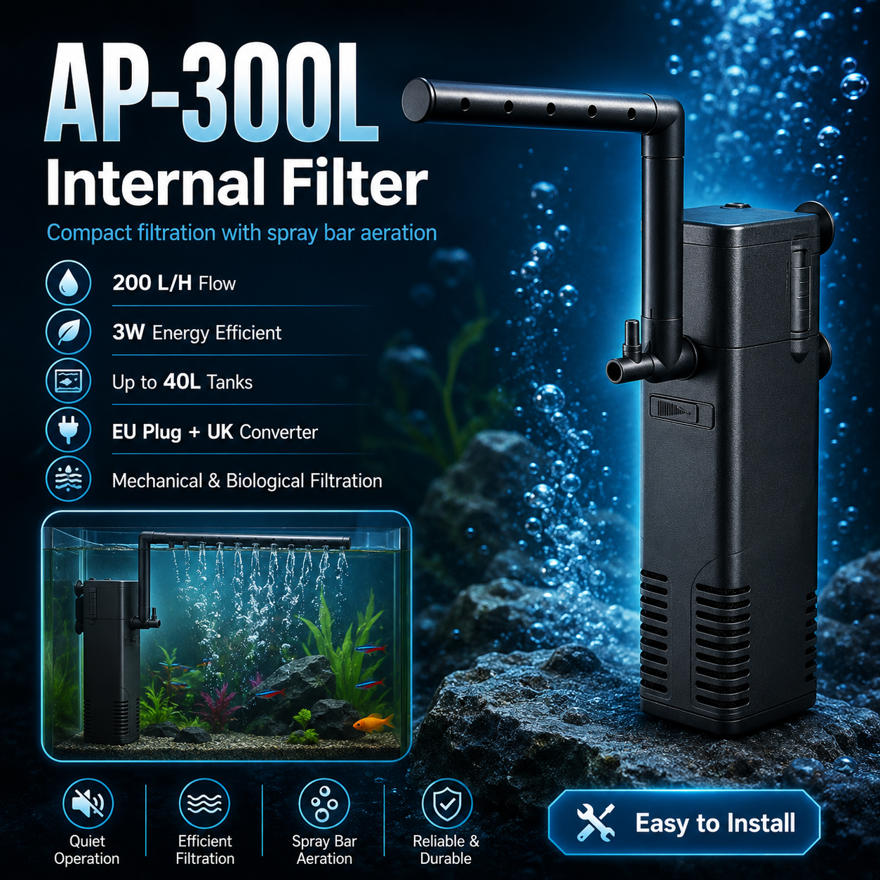 AP-300L Internal Aquarium Filter with Spray Bar – 200 L/H, 3W