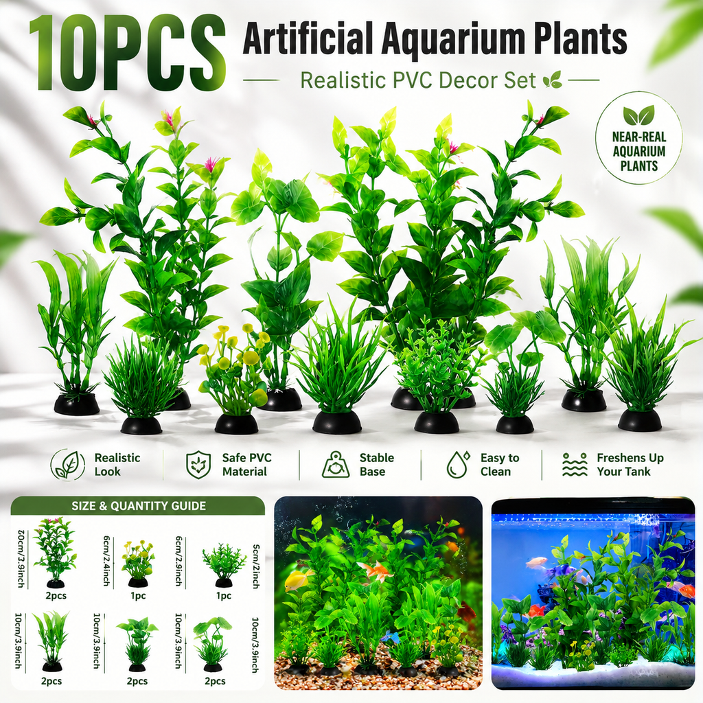 10pcs Realistic Green Artificial Aquarium Plants Set