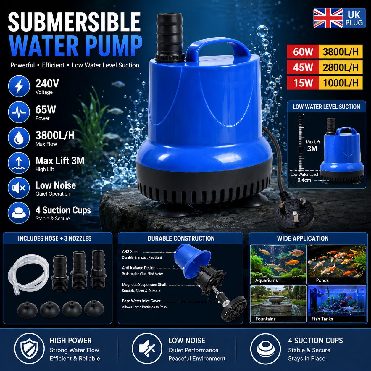 240V Submersible Water Pump for Aquariums, Ponds & Fountains