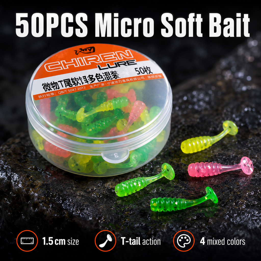 50PCS Micro T-Tail Soft Fishing Lures – 1.5cm Mixed Colour Bait Set