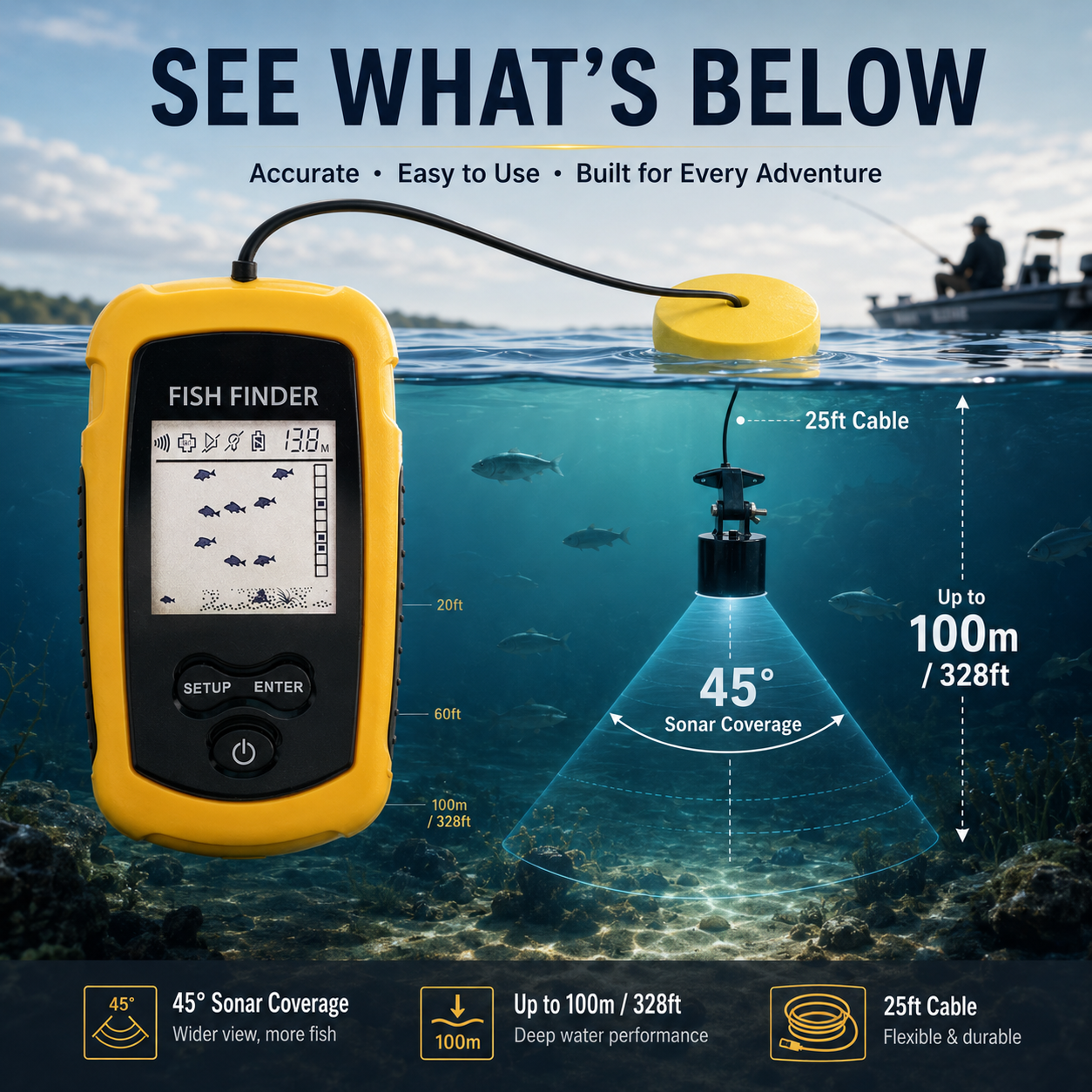 Portable Sonar Fish Finder with Fish Alarm – 100m Depth Echo Sounder for Lake, Sea & Boat Fishing