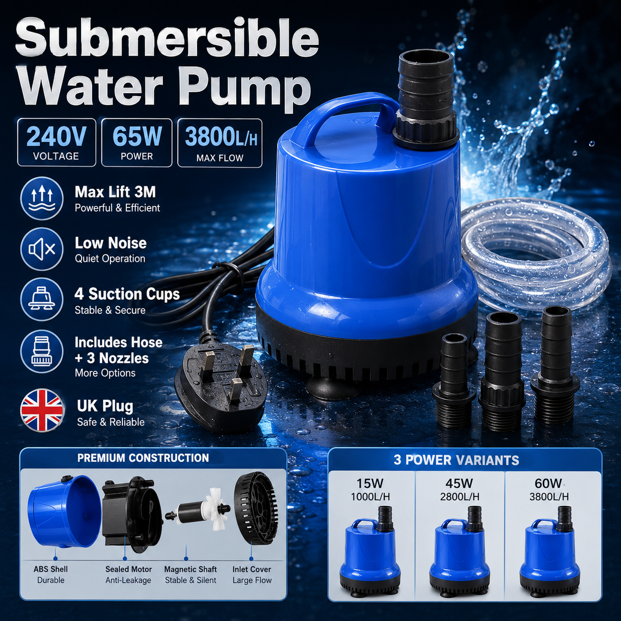 240V Submersible Water Pump for Aquariums, Ponds & Fountains