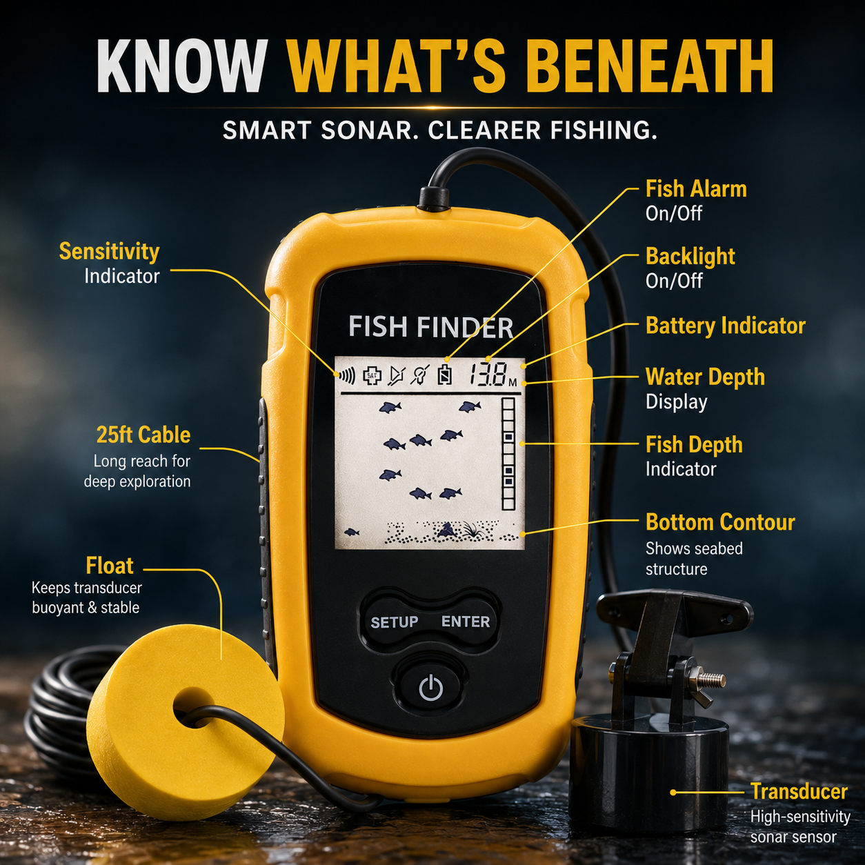 Portable Sonar Fish Finder with Fish Alarm – 100m Depth Echo Sounder for Lake, Sea & Boat Fishing