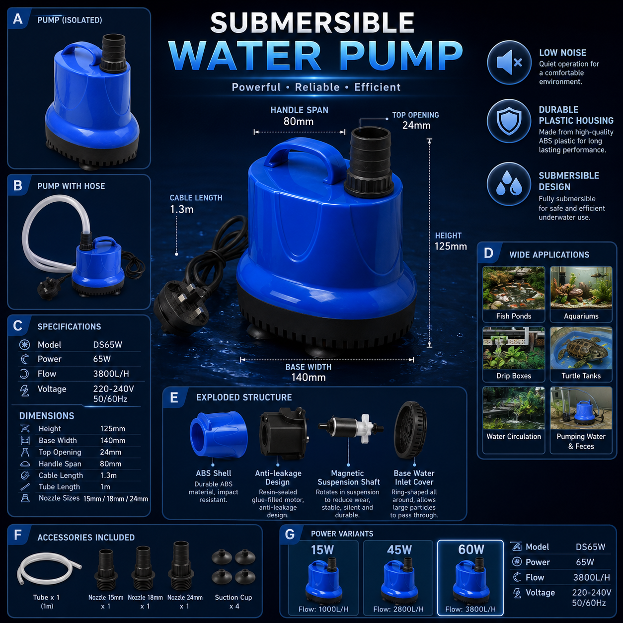 240V Submersible Water Pump for Aquariums, Ponds & Fountains