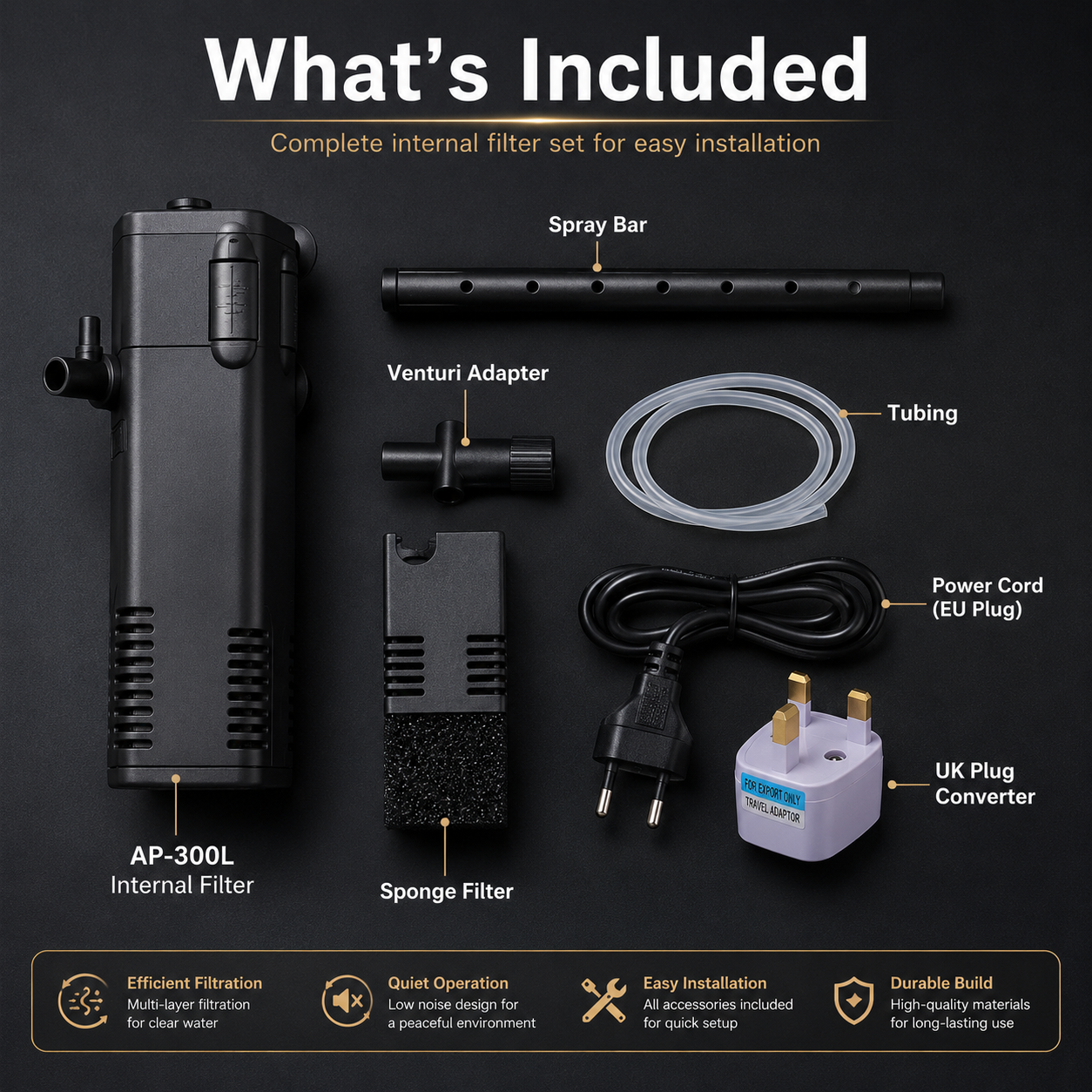 AP-300L Internal Aquarium Filter with Spray Bar – 200 L/H, 3W