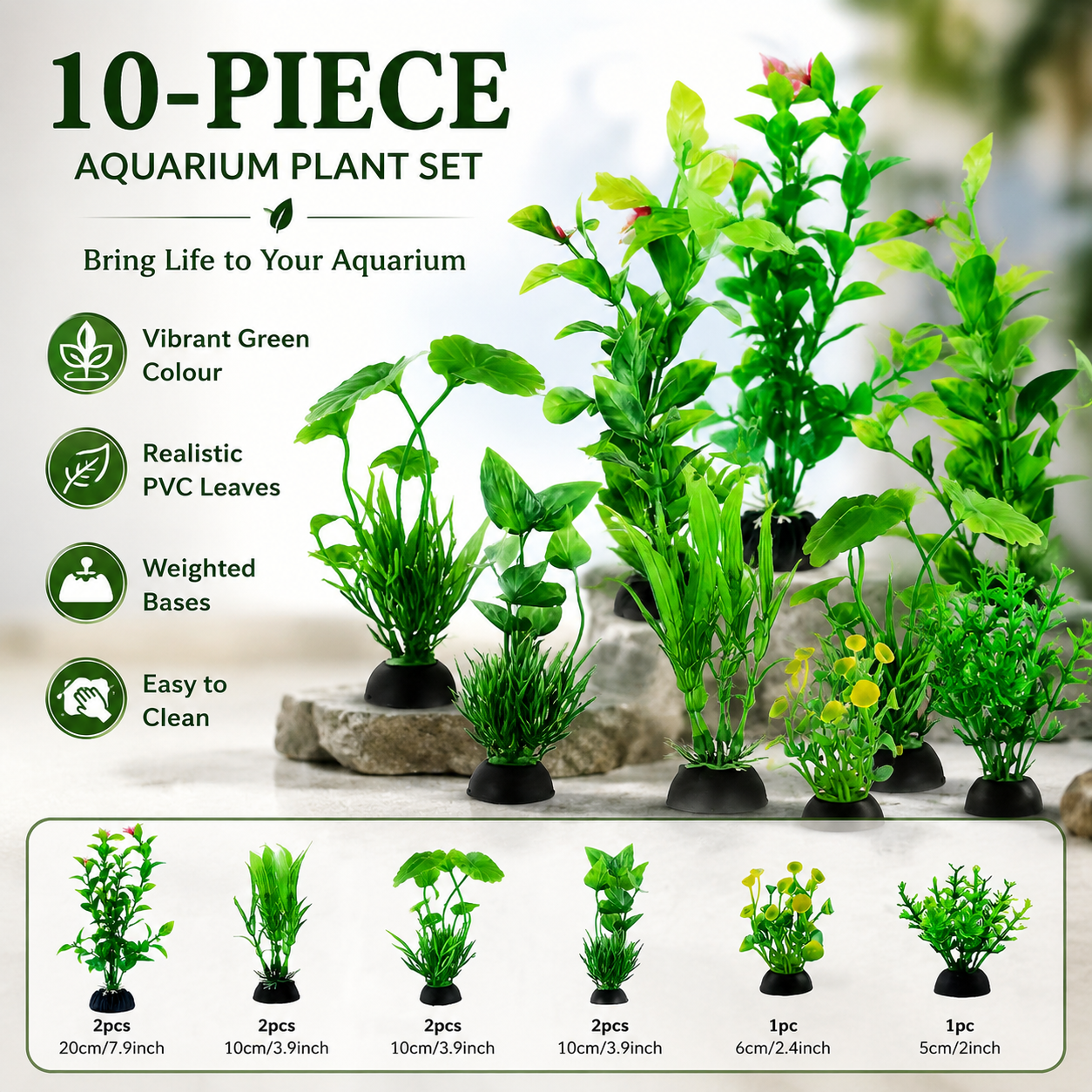10pcs Realistic Green Artificial Aquarium Plants Set