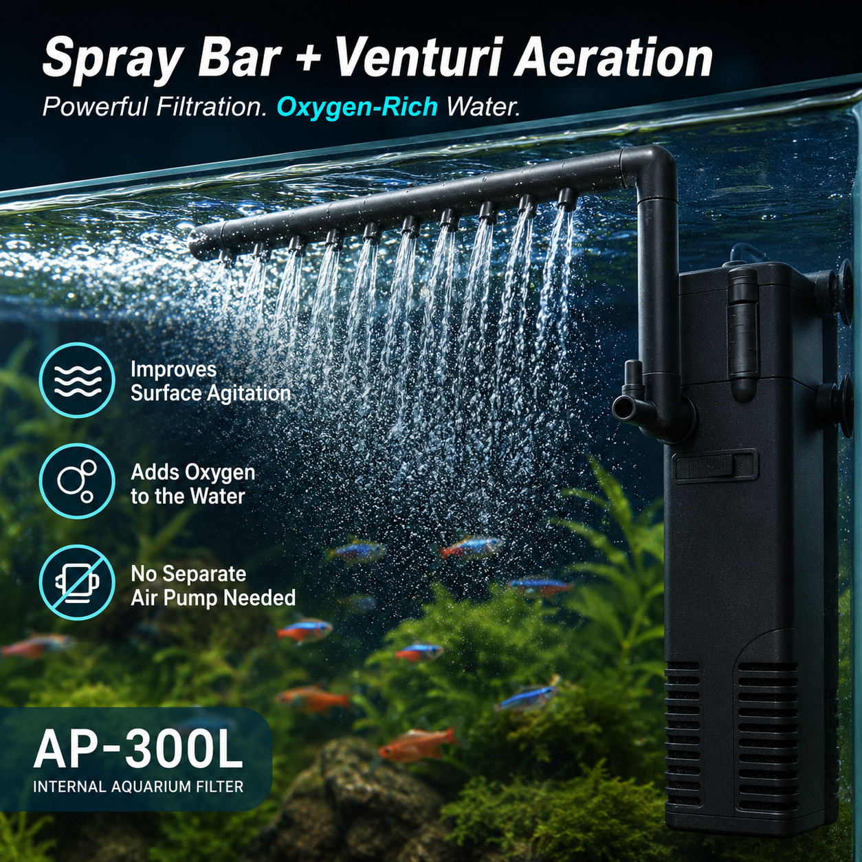 AP-300L Internal Aquarium Filter with Spray Bar – 200 L/H, 3W