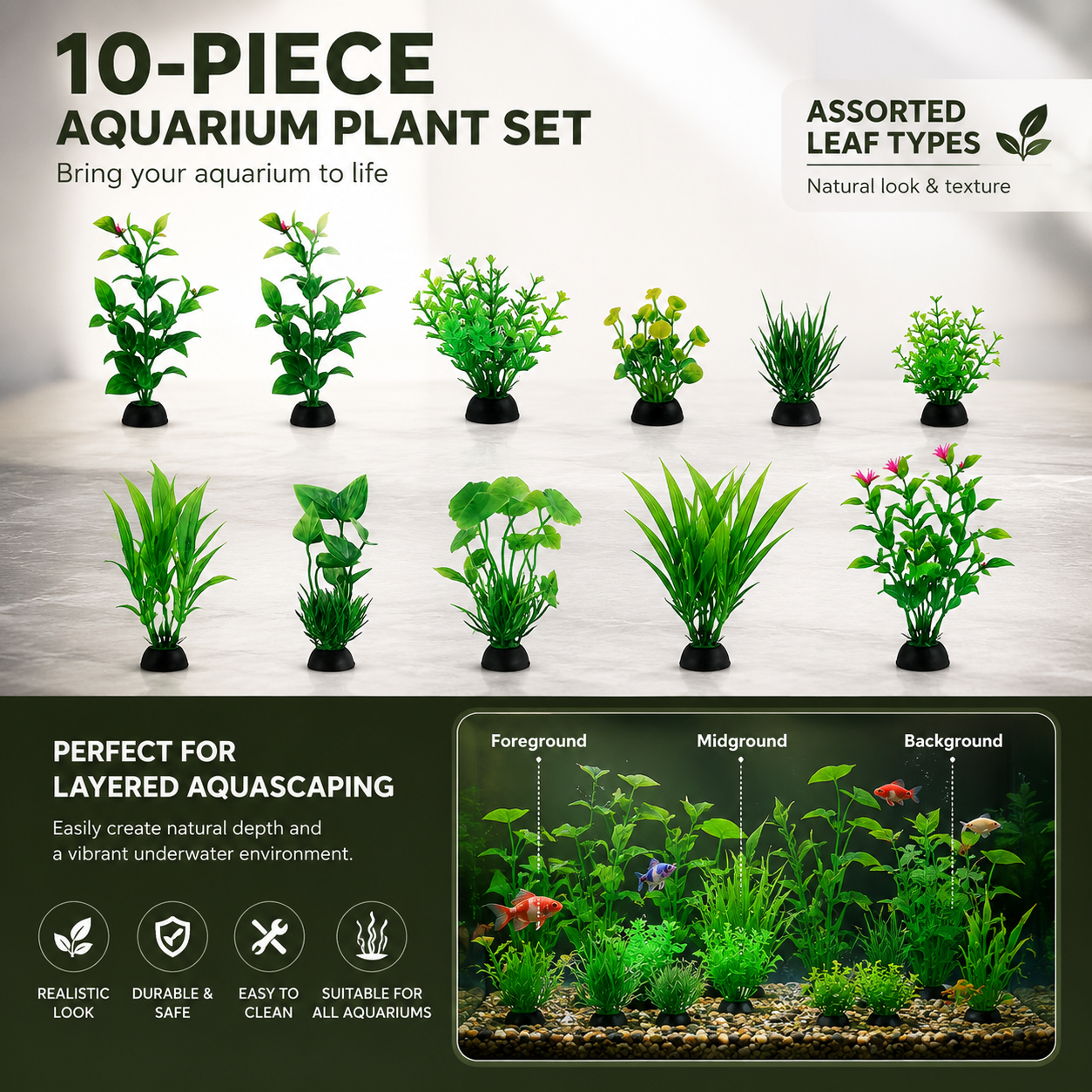 10pcs Realistic Green Artificial Aquarium Plants Set