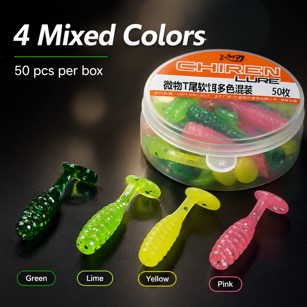 50PCS Micro T-Tail Soft Fishing Lures – 1.5cm Mixed Colour Bait Set