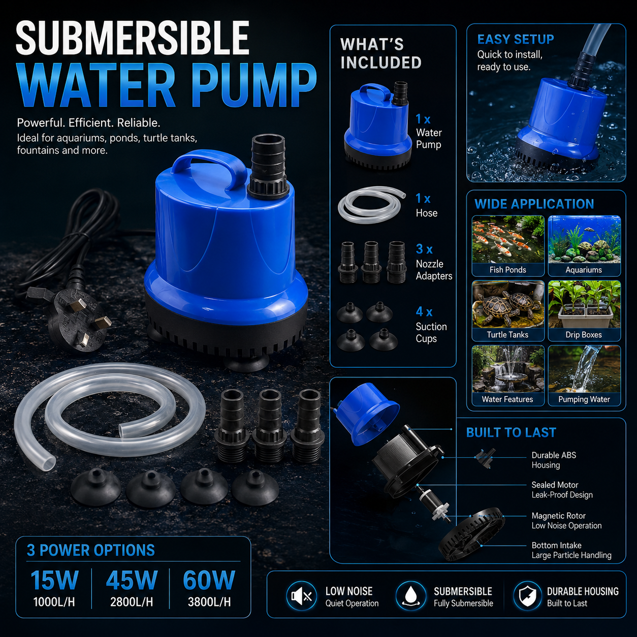 240V Submersible Water Pump for Aquariums, Ponds & Fountains