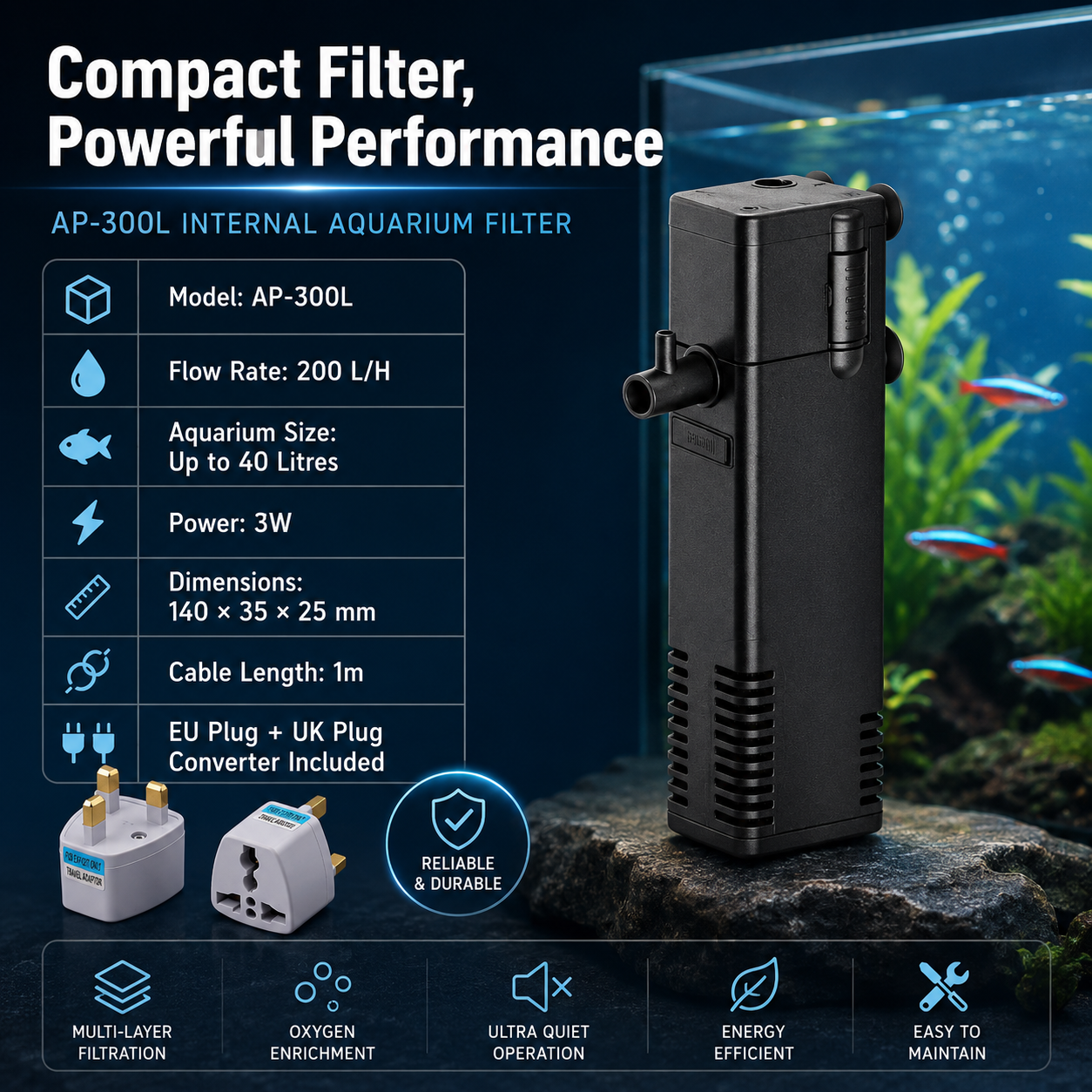 AP-300L Internal Aquarium Filter with Spray Bar – 200 L/H, 3W