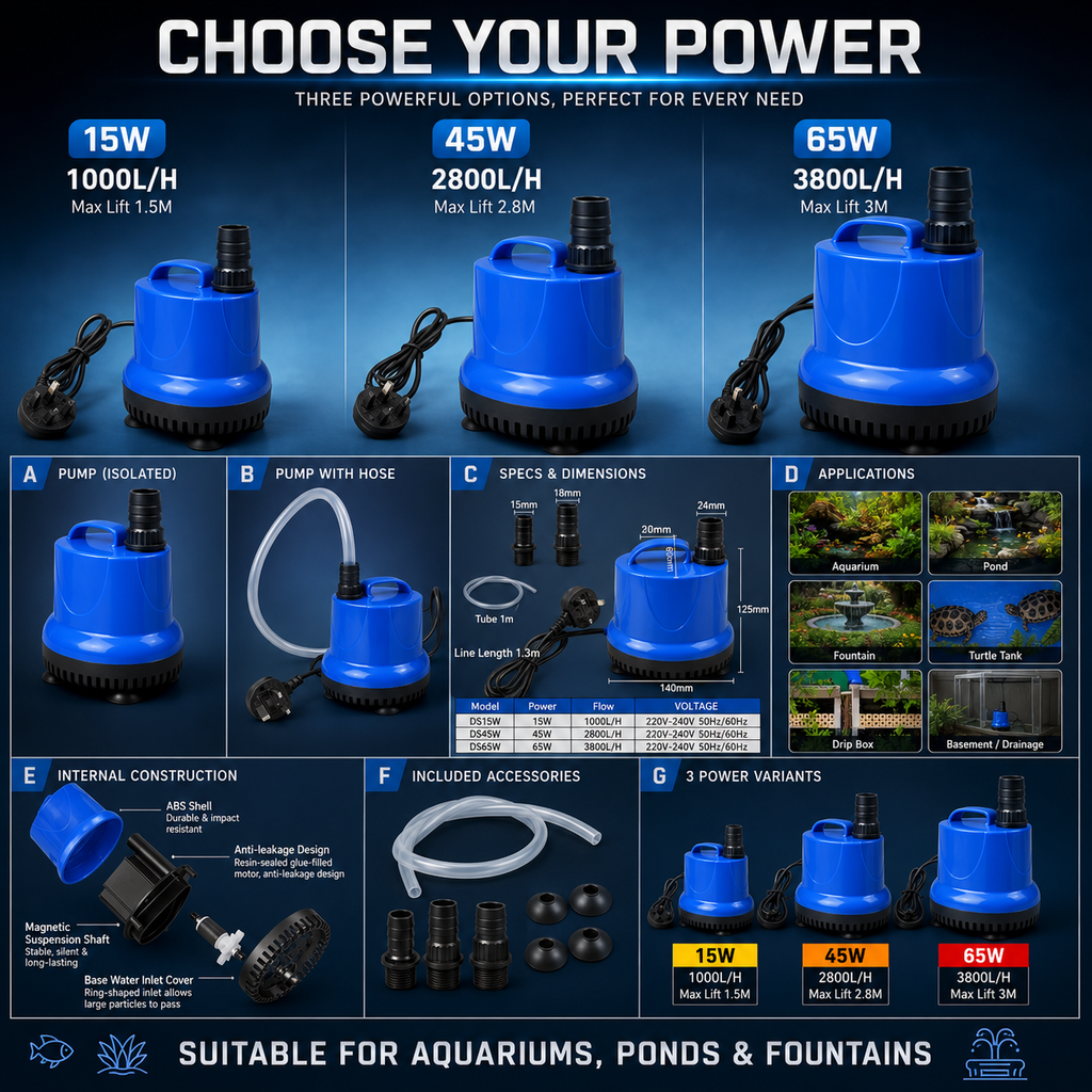 240V Submersible Water Pump for Aquariums, Ponds & Fountains