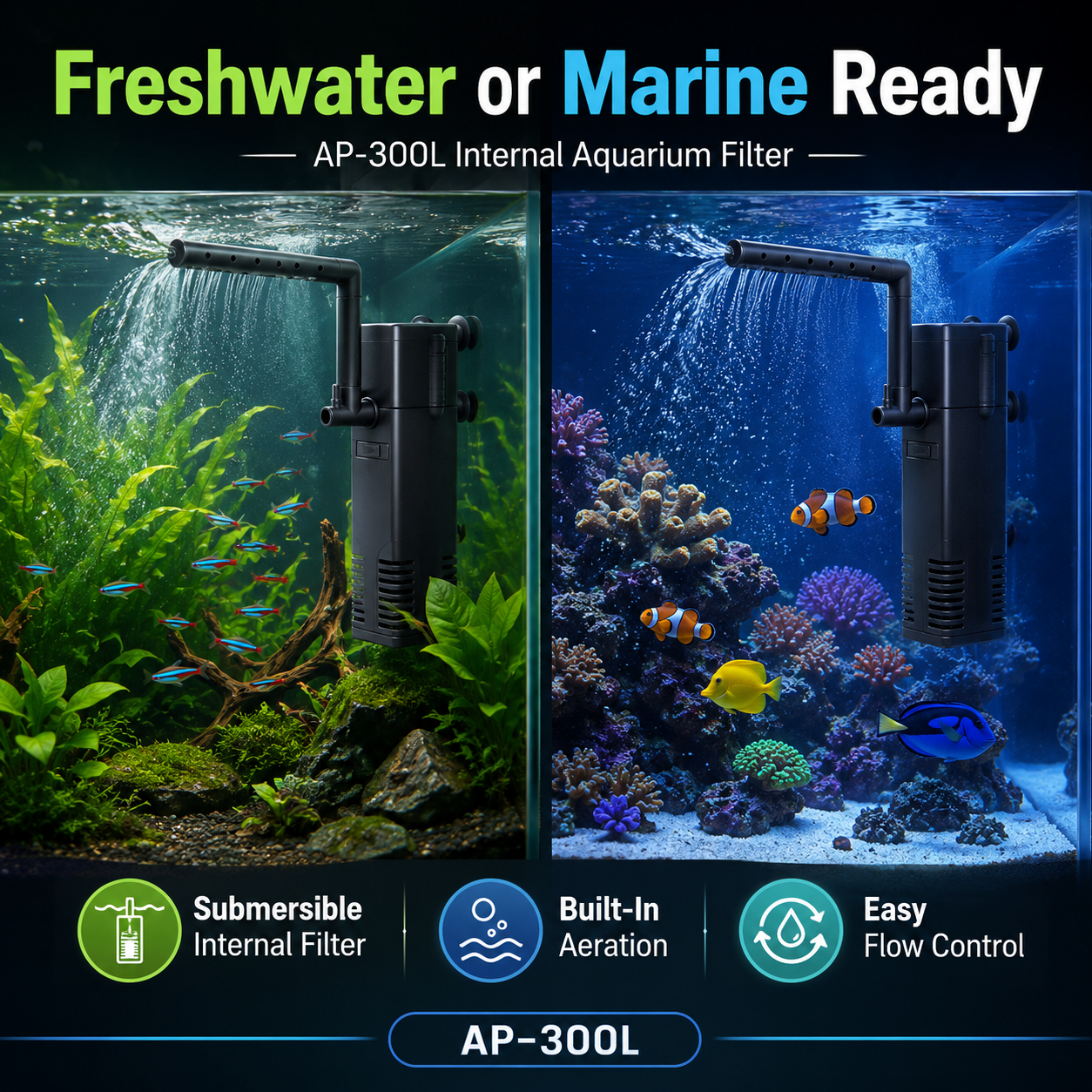 AP-300L Internal Aquarium Filter with Spray Bar – 200 L/H, 3W