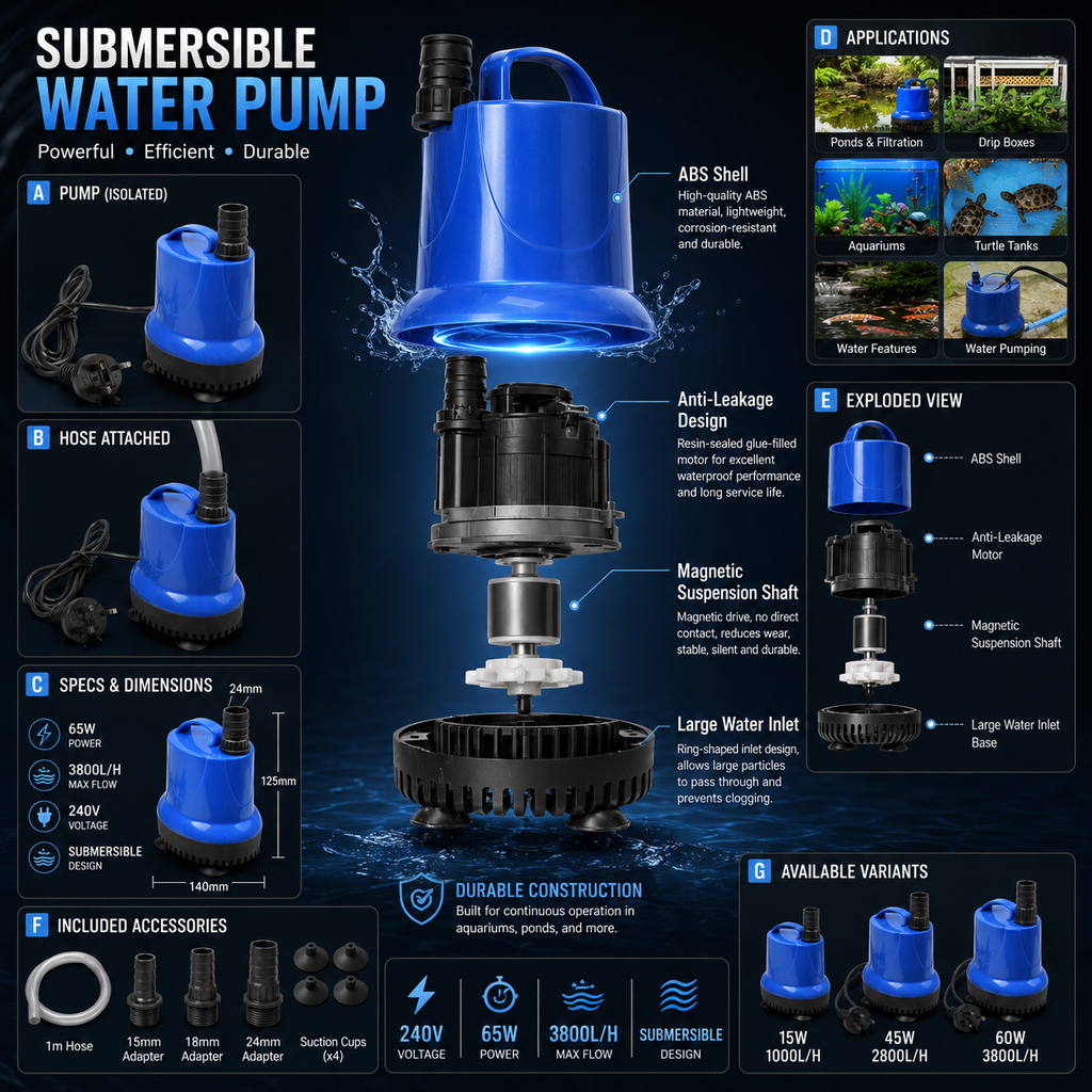 240V Submersible Water Pump for Aquariums, Ponds & Fountains