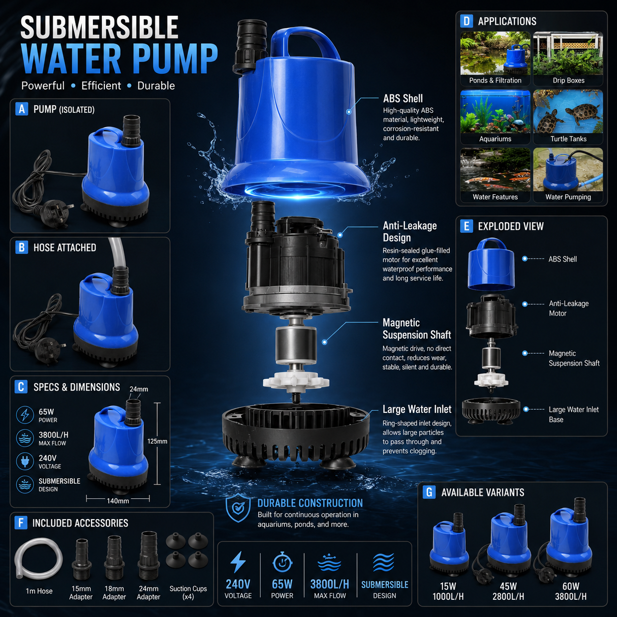 240V Submersible Water Pump for Aquariums, Ponds & Fountains